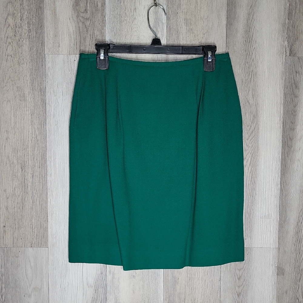 Jones NY Womens 14P Vintage Wool Pencil Skirt Lined‎ Green Pleated Knee Length